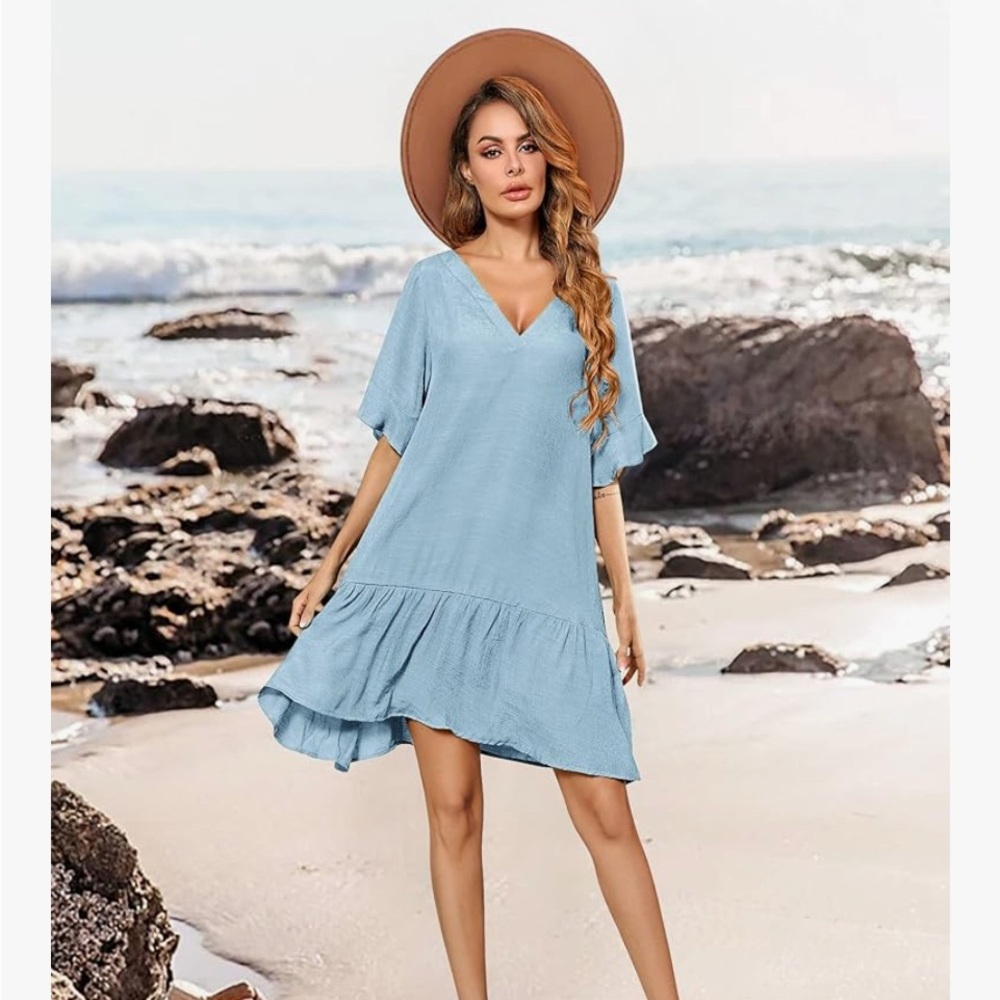 Elegant Blue V-Neck Swim Cover-Up
